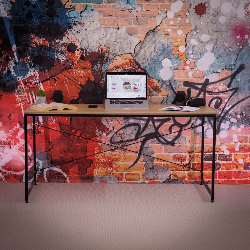 Písací stôl s kovovou konštrukciou, dub/čierna, 150x60 cm
