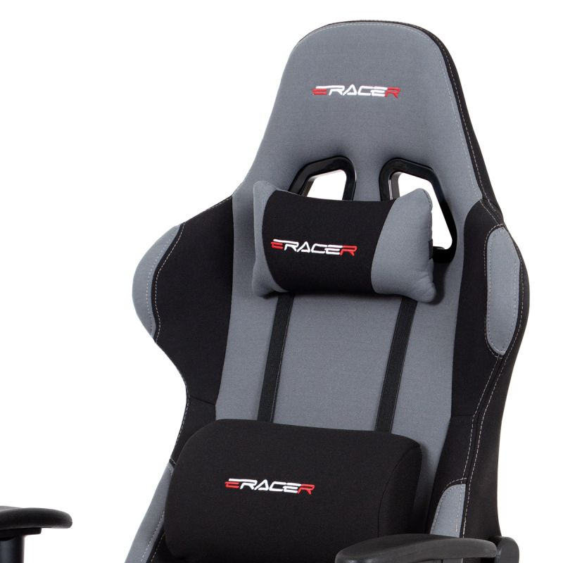 Herná stolička v športovom dizajne v šedej látke s čiernymi detailami