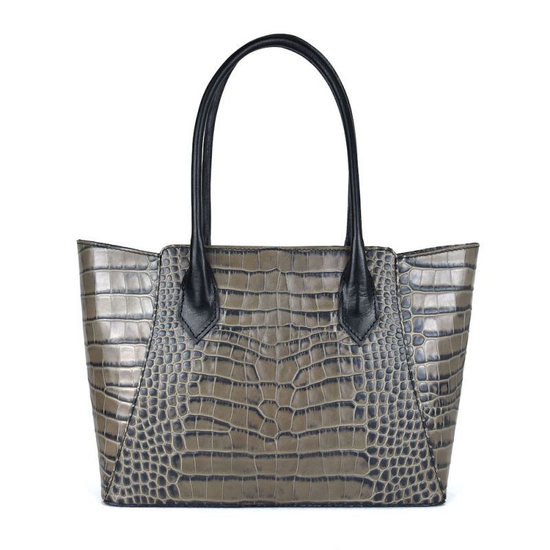 Dámska kabelka z pravej hovädzej kože s dezénom krokodíla v šedej farbe