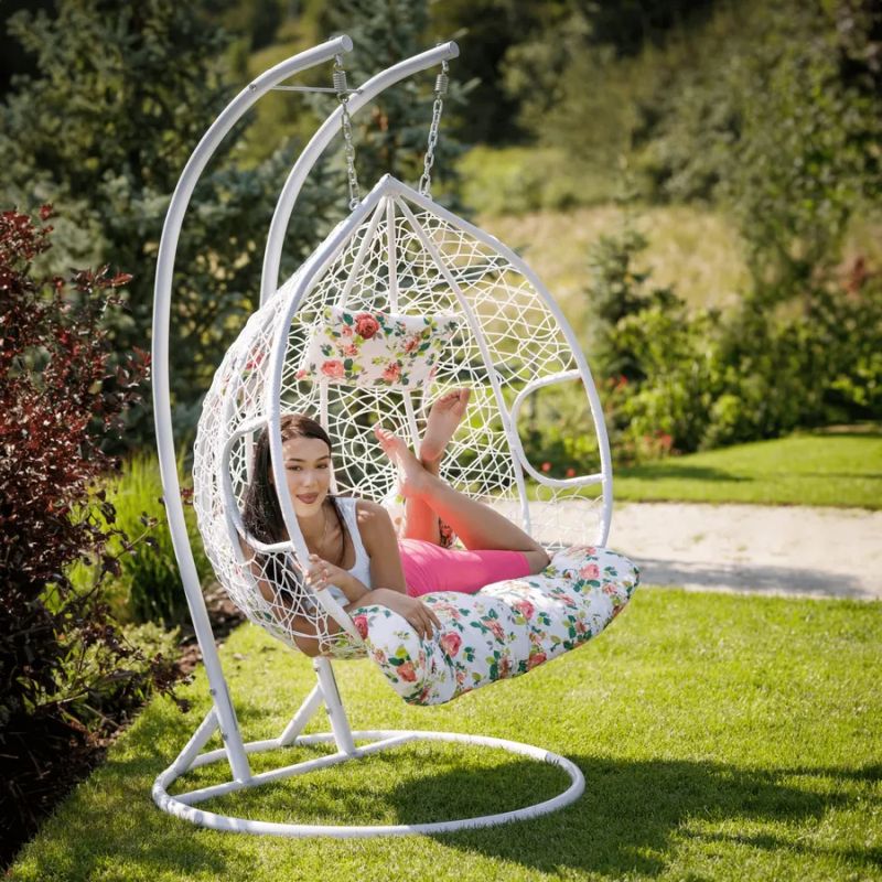 Závesné dvojkreslo-2 s moderným dizajnom biela-vzor kvety