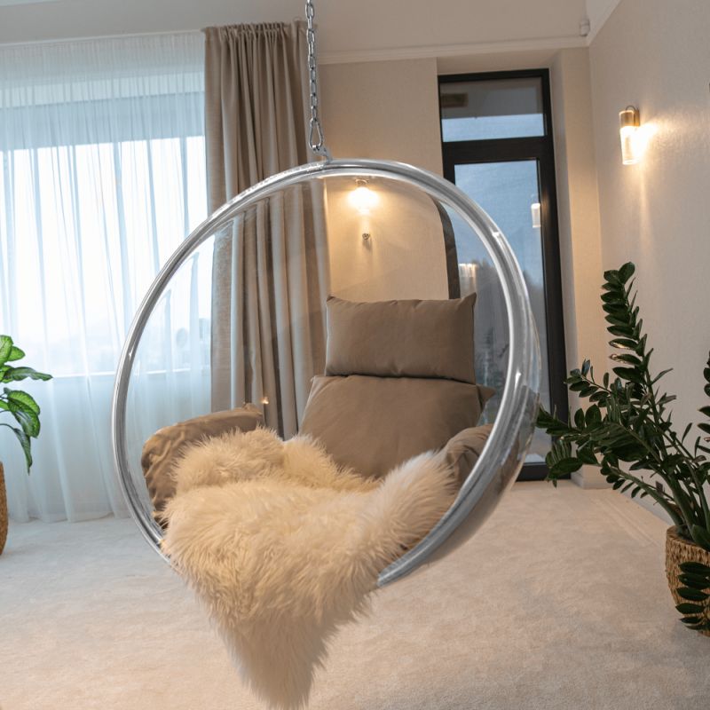 Závesné kreslo v modernom dizajne, transparentná-strieborná-sivá