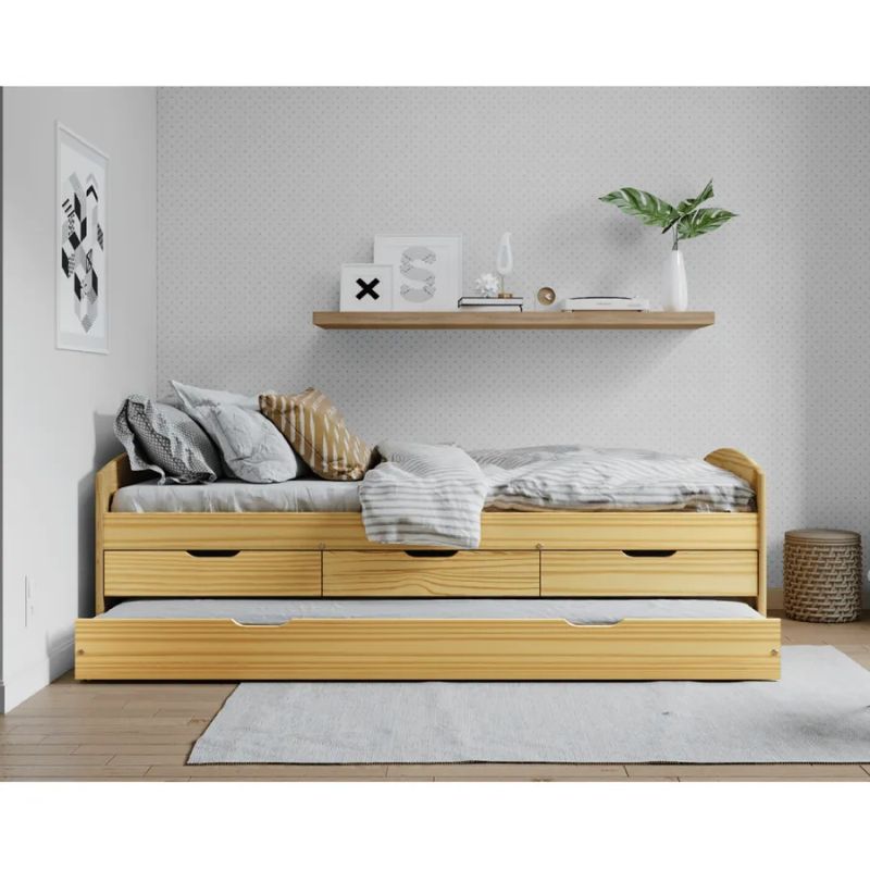 Posteľ s prístelkou a šuplíkmi z borovicového dreva, prírodná