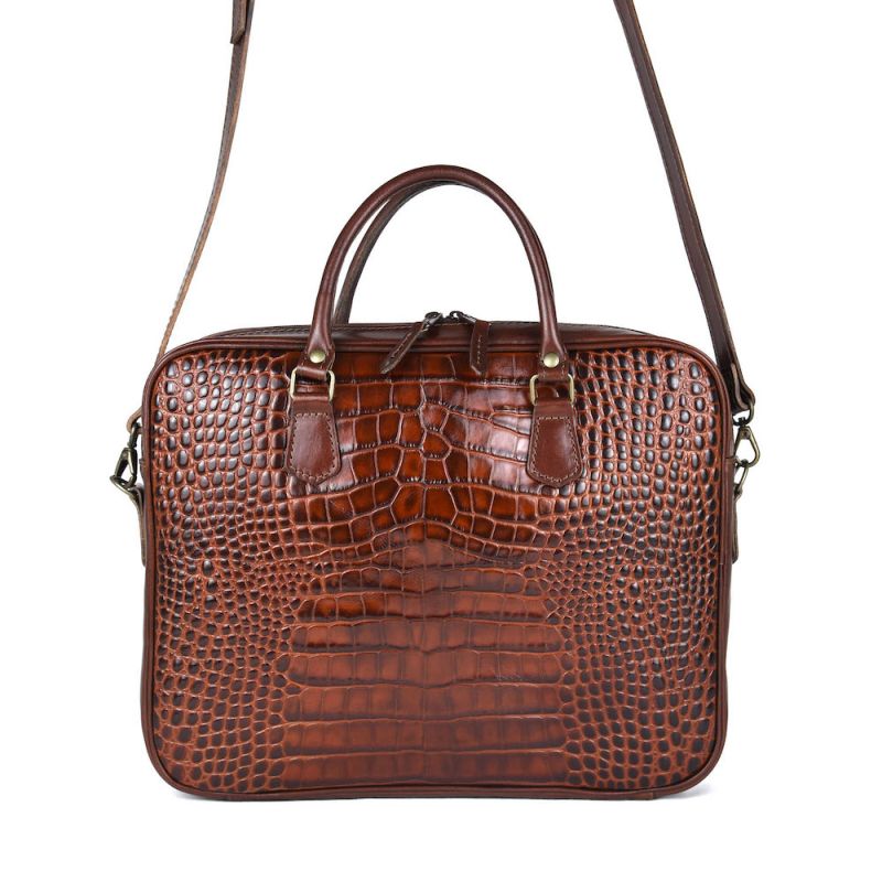 Kožená pracovná cestovná taška s dezénom krokodíla v hnedej farbe
