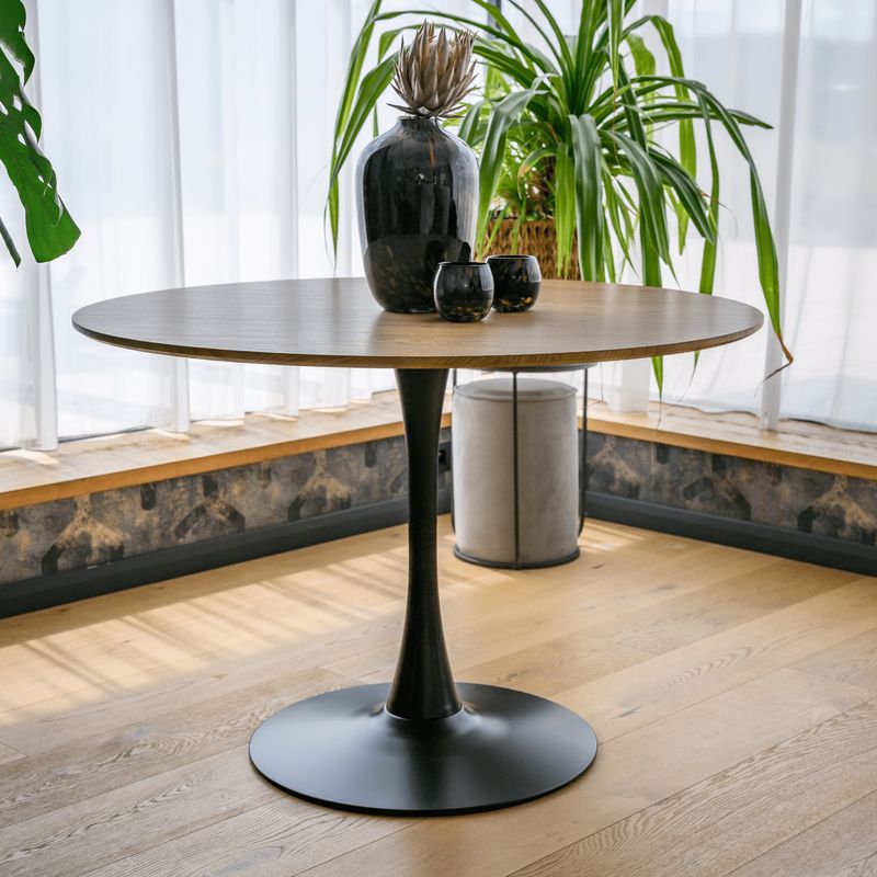 Jedálenský stôl s moderným dizajnom, dub-čierna, priemer 110 cm