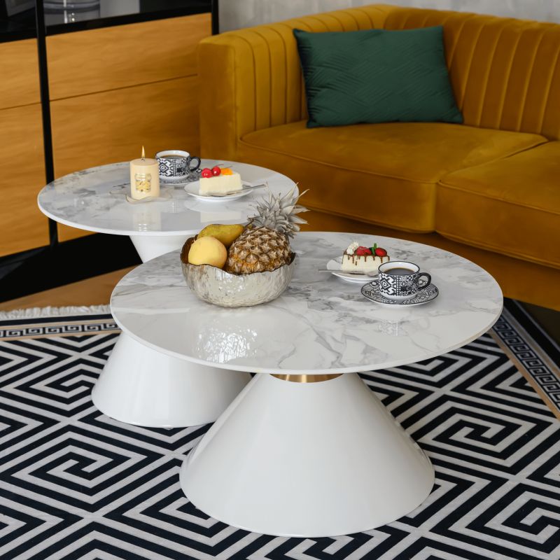 Konferenčné stolíky, set 2 okrúhlych, biely mramor-biela-zlatá