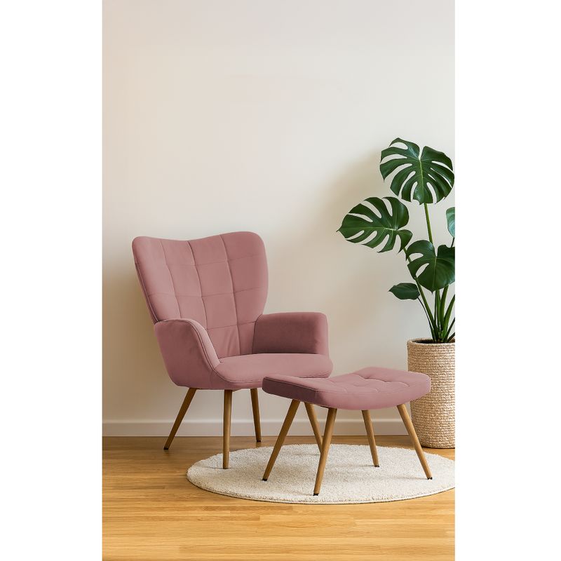 Luxusné kreslo s podnožou, ružová Velvet látka a nohy vo farbe dub