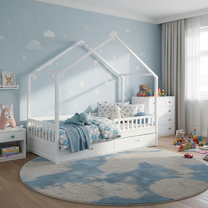 Pohodlná montessori posteľ v tvare domčeka, 90x200, biela, masív
