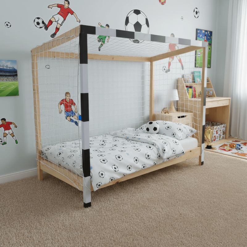 Montessori posteľ v tvare futbalovej brány 90x200, prírodná-biela-čierna