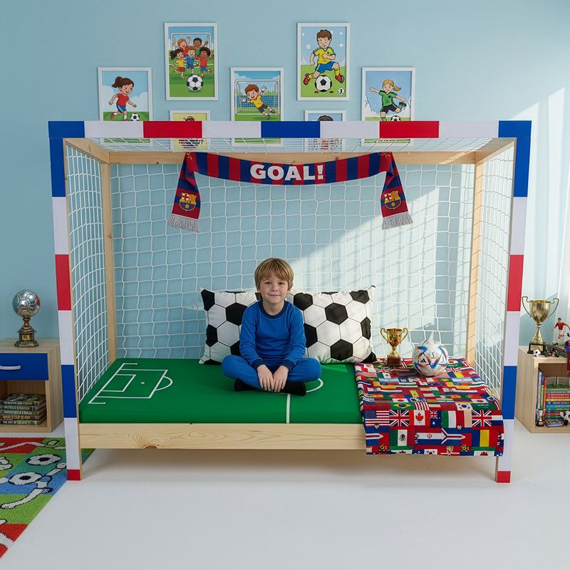 Montessori posteľ v tvare futbalovej brány 90x200, prírodná-biela-modrá-červená