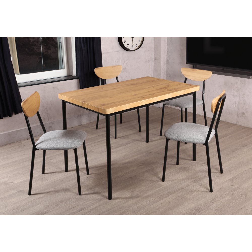 Jedálenský set 1+4, dub svetlý-sivá-čierna