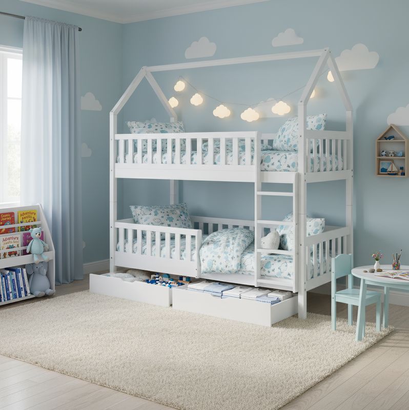 Poschodová posteľ v tvare domčeka bez prístelky, biela