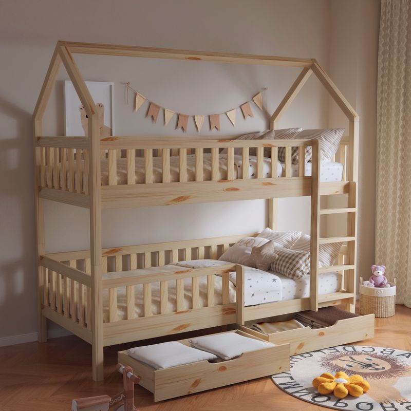 Poschodová posteľ v tvare domčeka bez prístelky, prírodná