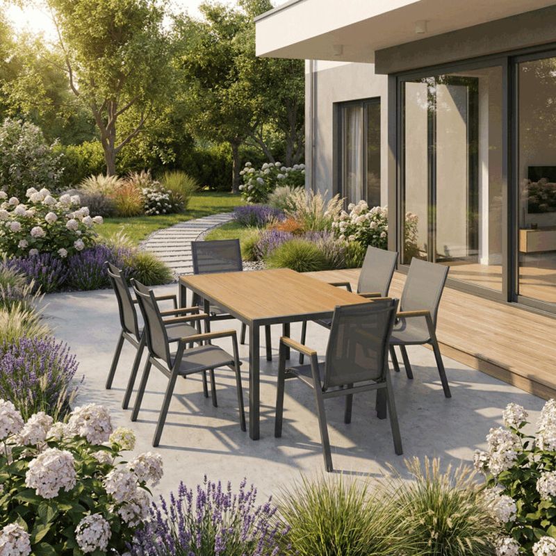 Obdĺžnikový záhradný stôl, polywood vo farbe dub