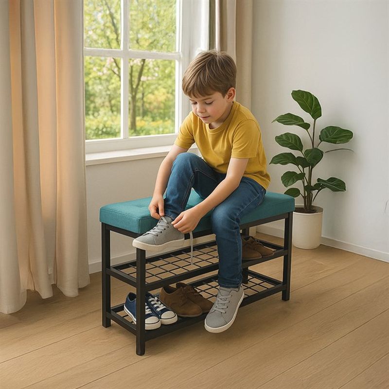 Štýlový botník s lavicou, 2 police, poťah zelená látka, kov - čierny matný lak