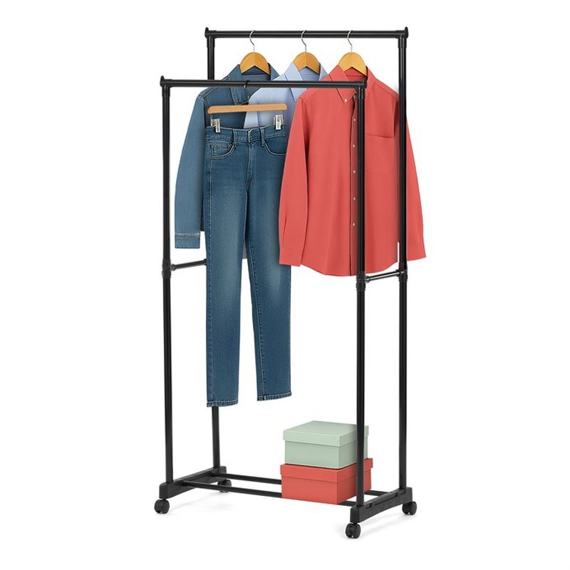 Stojan na šaty čierny, dvojramenný s odkladačom na topánky