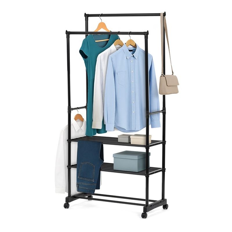 Stojan na šaty čierny, dvojramenný s tromi policami