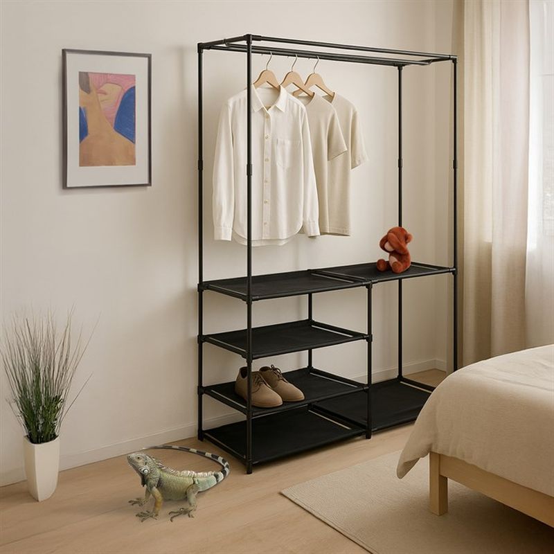 Stojan na šaty čierny, dvojramenný s policami