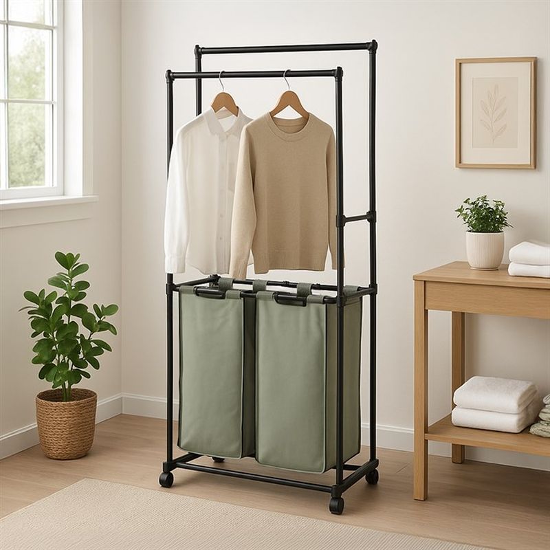 Stojan na šaty čierny, dvojramenný s košom