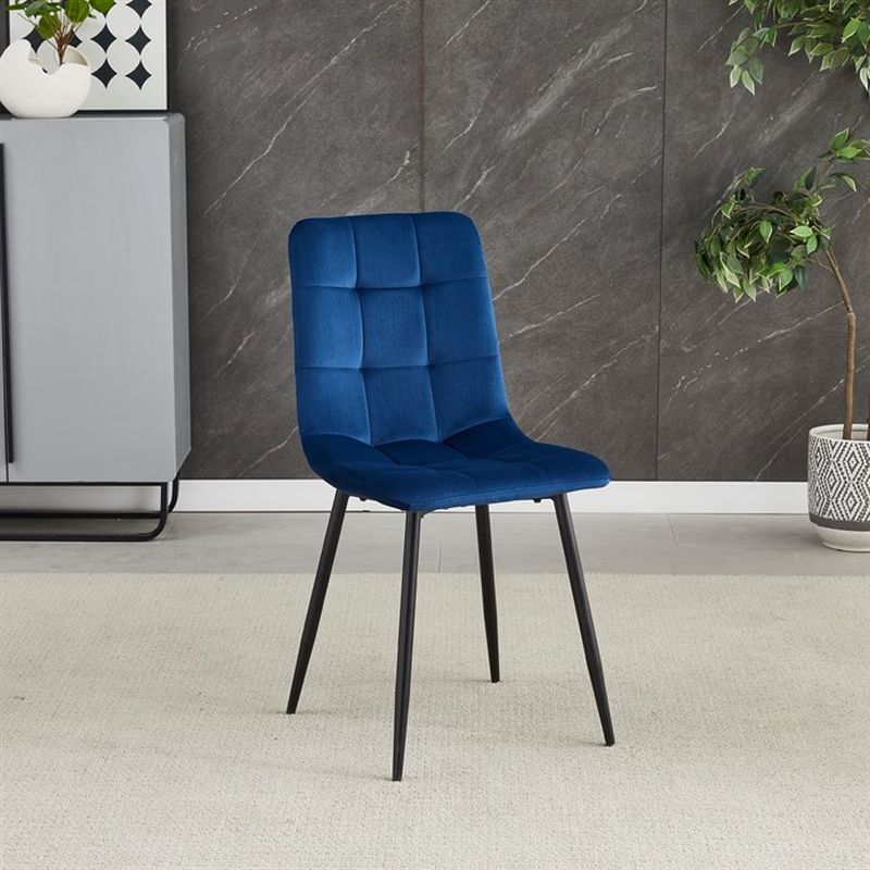 Jedálenská minimalistická stolička v industriálnom štýle, modrá zamatová látka