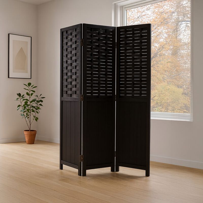 Trojdielny paraván z masívneho smrekového dreva čierny