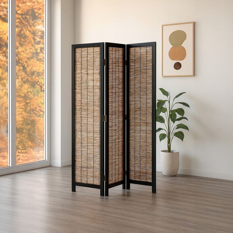 Trojdielny paraván z masívneho smrekového dreva čierny-prírodný