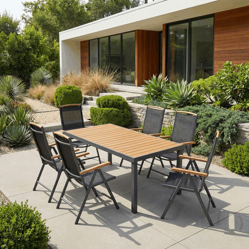 Záhradný stôl 190x90cm, hliník v sivom odtieni, doska z polywoodu prírodná