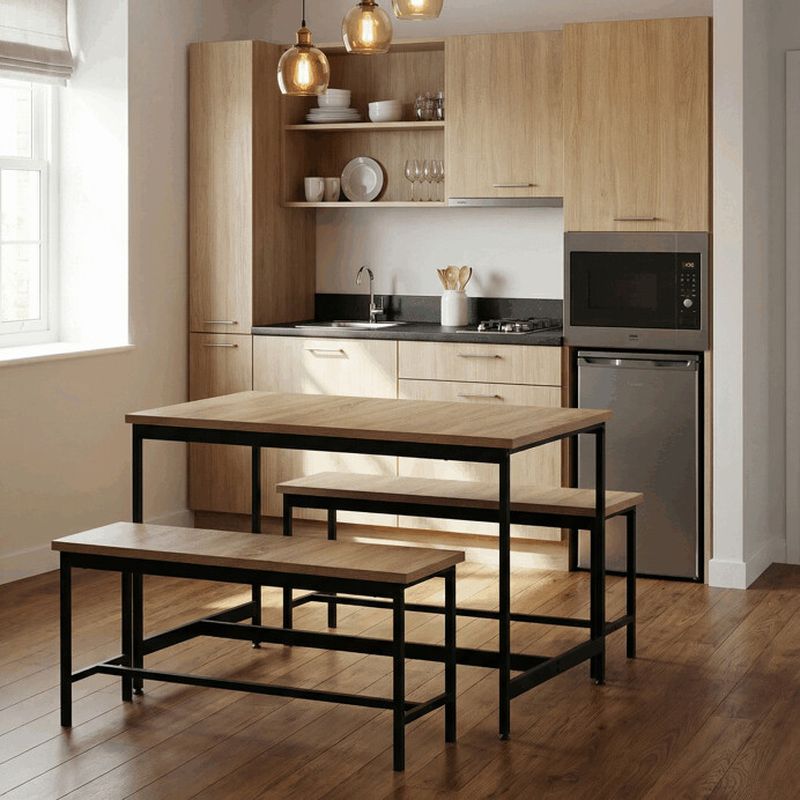 Jedálenský set, stôl a dve lavice, farba dub