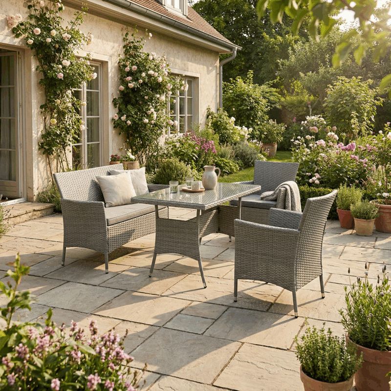 Záhradná jedálenská zostava z polyratanu, sivá