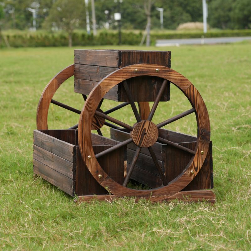 Drevený kvetináč z masívu, hnedý, v štýle vidieckeho voza