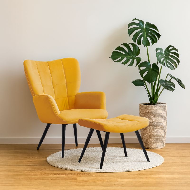 Kreslo s podnožou, žltá látka, čierne kovové nohy