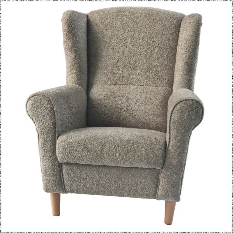 Dizajnové kreslo ušiak, sivobéžová Taupe Bouclé, drevené nohy