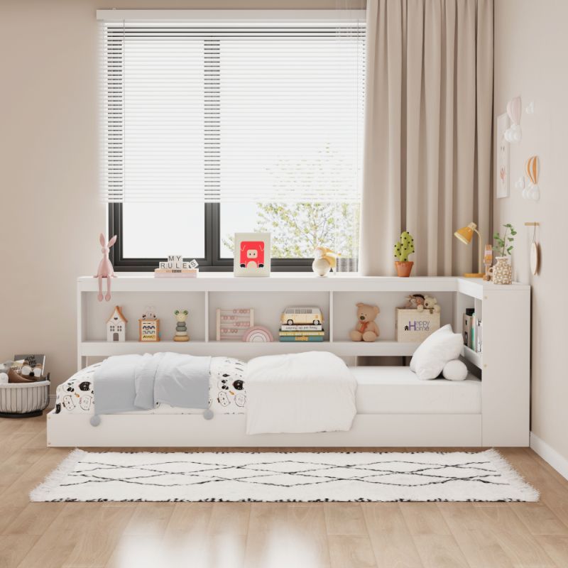 Posteľ 90x200, s roštom a regálom, biela, borovicové drevo