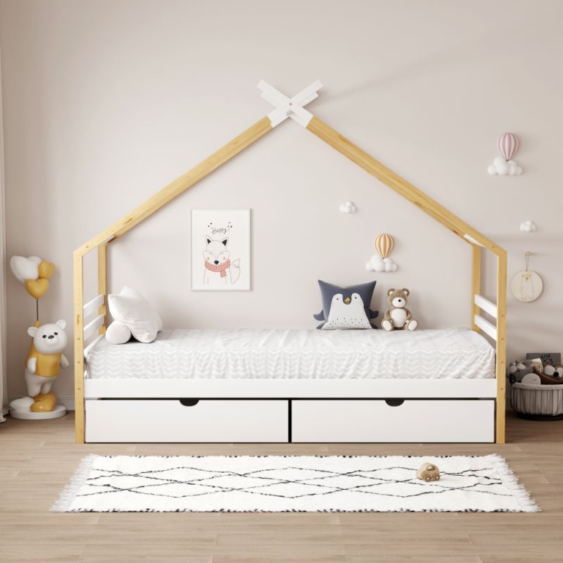 Montessori posteľ, 90x200, domček, biela, hnedá