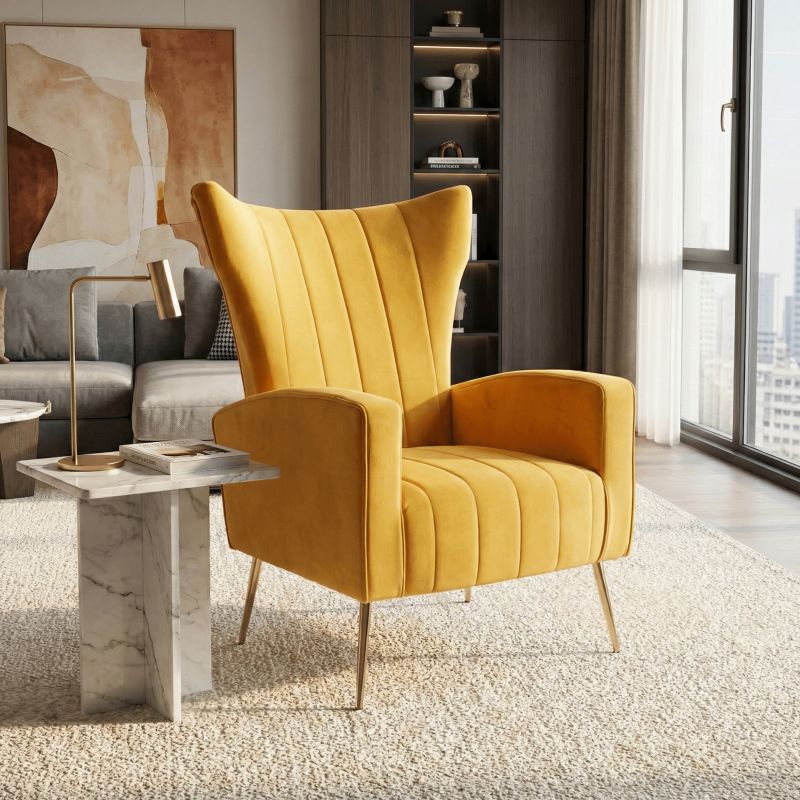 Nadčasové relaxačné kreslo, žltá Velvet látka, zlaté nohy