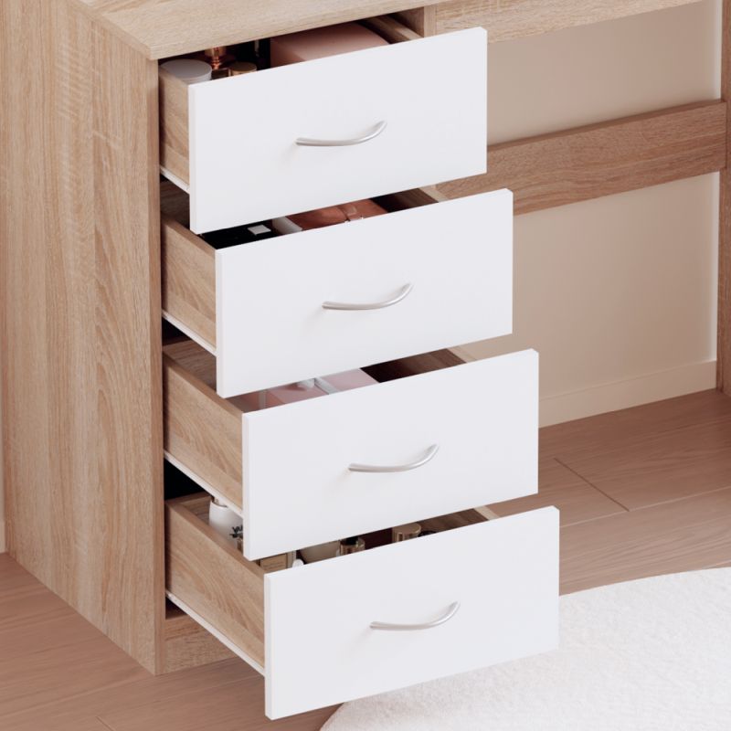 Toaletný stolík, biely, dub sonoma, so zrkadlom a zásuvkami