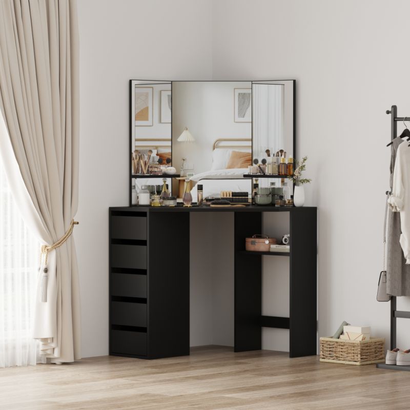 Rohový toaletný stolík, čierny, trojdielne zrkadlo