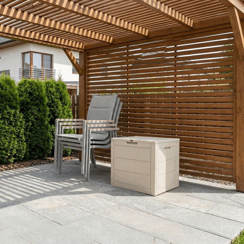 Záhradný úložný box, béžový, 120 l, s dekorom dreva