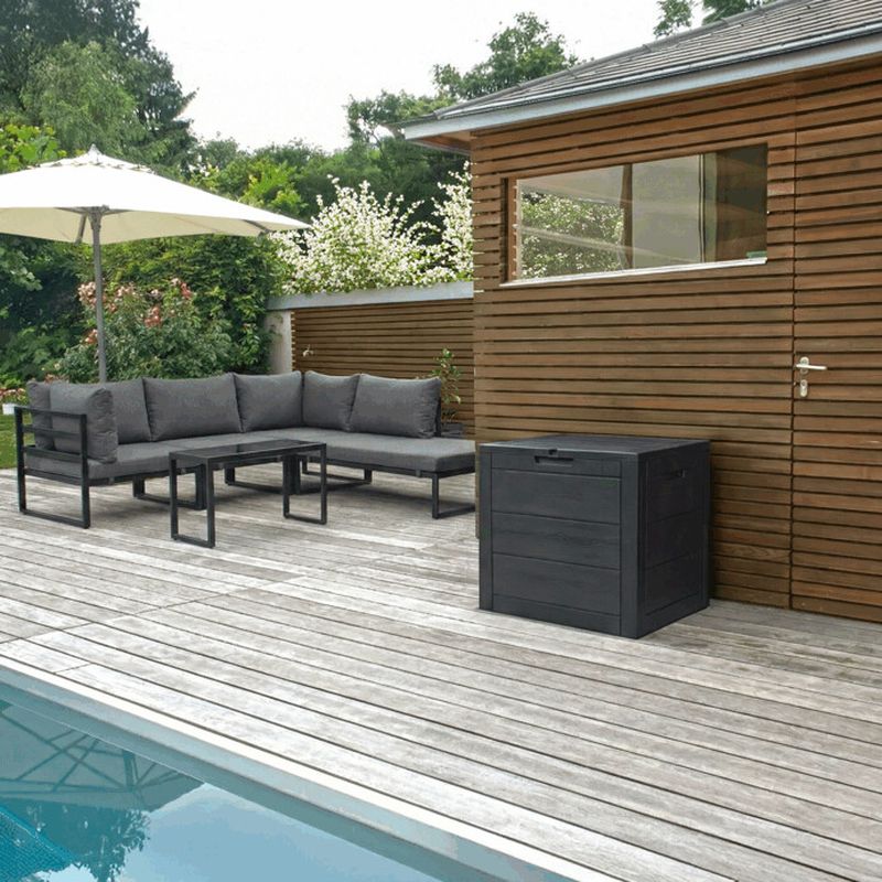 Záhradný úložný box, sivý, 120 l, s dekorom dreva