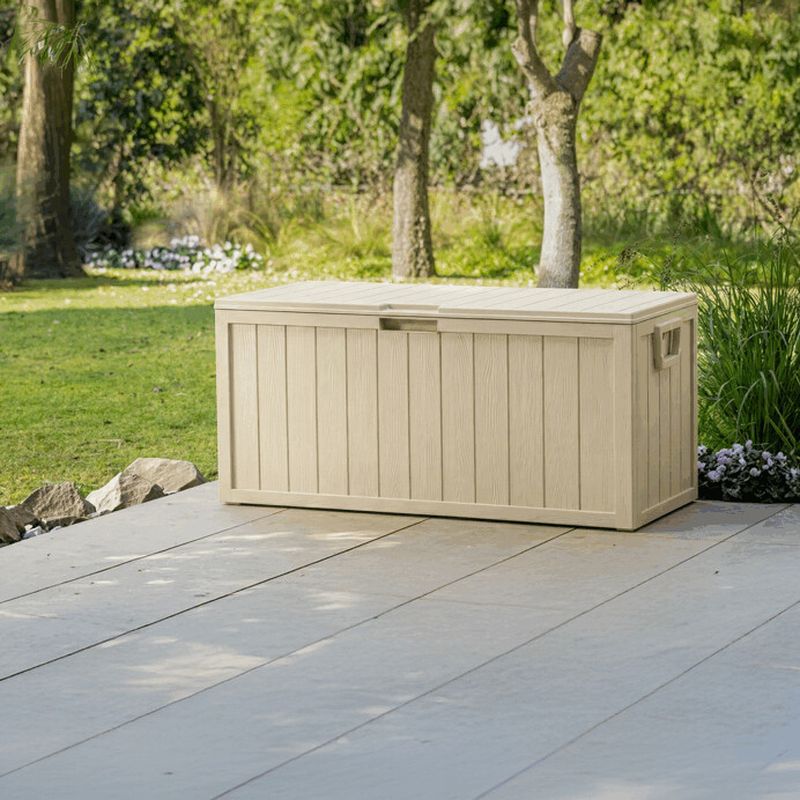 Zahradní úložný box, plast, béžový, 280 l, s dekorom dreva