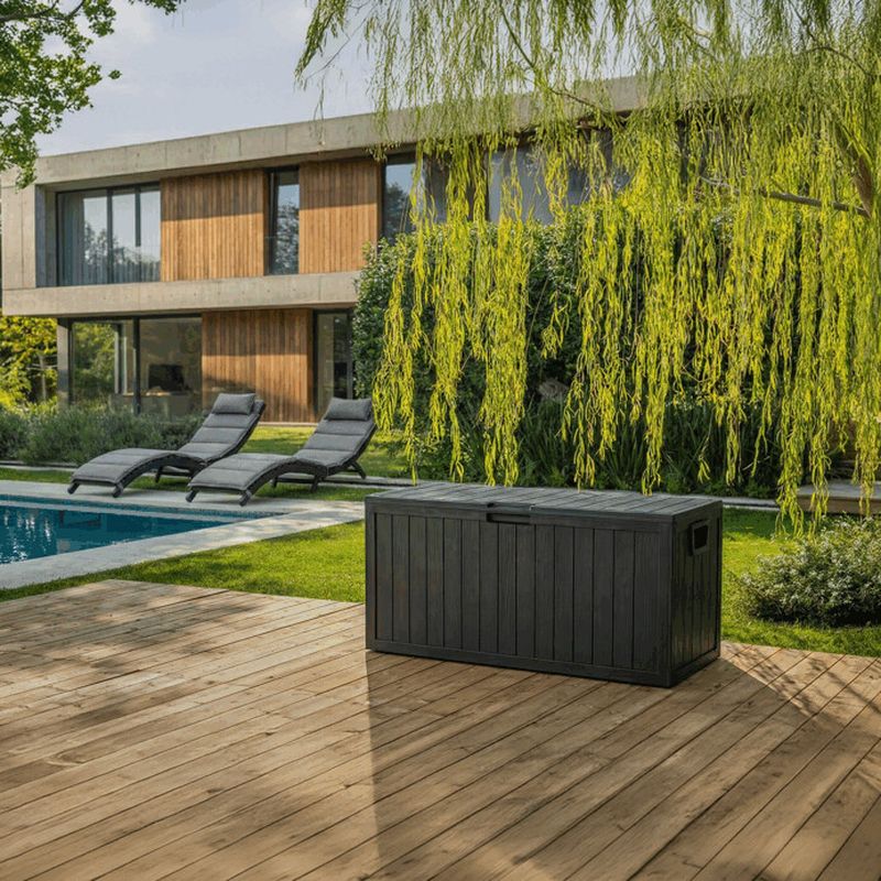 Zahradní úložný box, plast, sivý, 280 l, s dekorom dreva