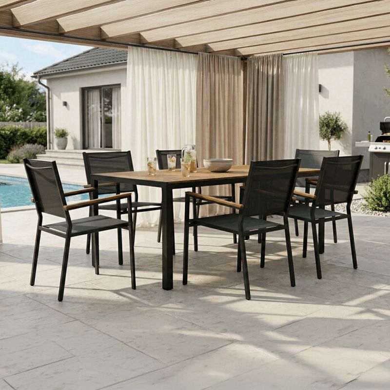 Záhradná stolička, kov čierny, sivá sieťovina, stohovateľná