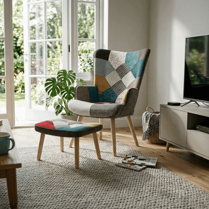 Relaxačné kreslo ušiak s taburetom, viacfarebné patchwork, látka