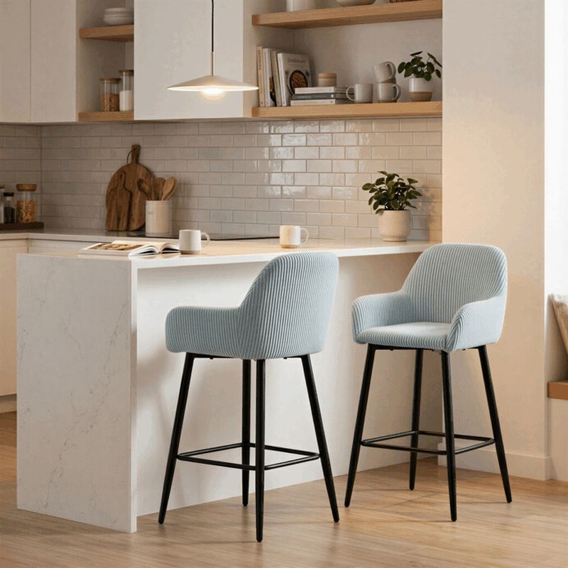 Moderná barová stolička, modrá manšestrová látka