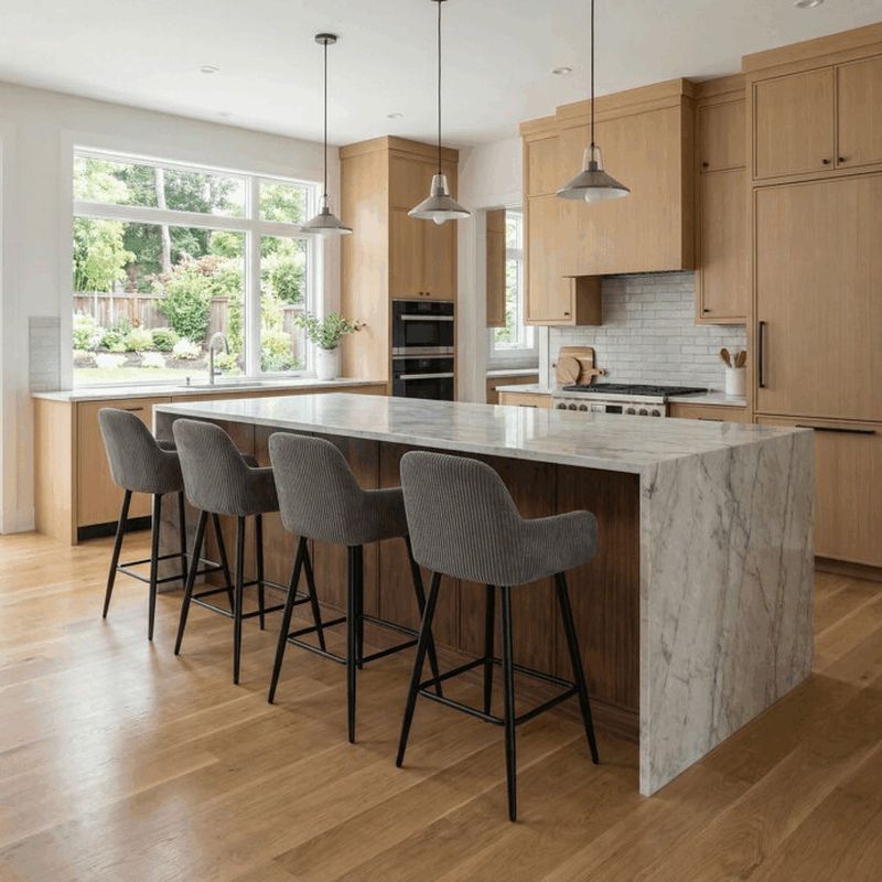 Moderná barová stolička, sivá manšestrová látka