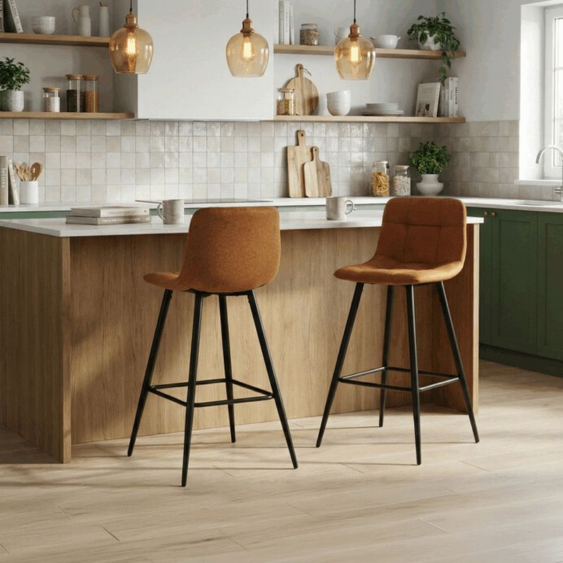 Barová stolička žltá látka, štvornohá kovová podnož