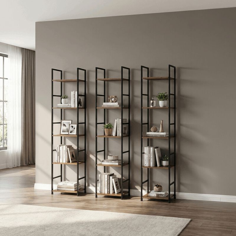 Regál, 5 políc, dekor hnedý, čierny lak