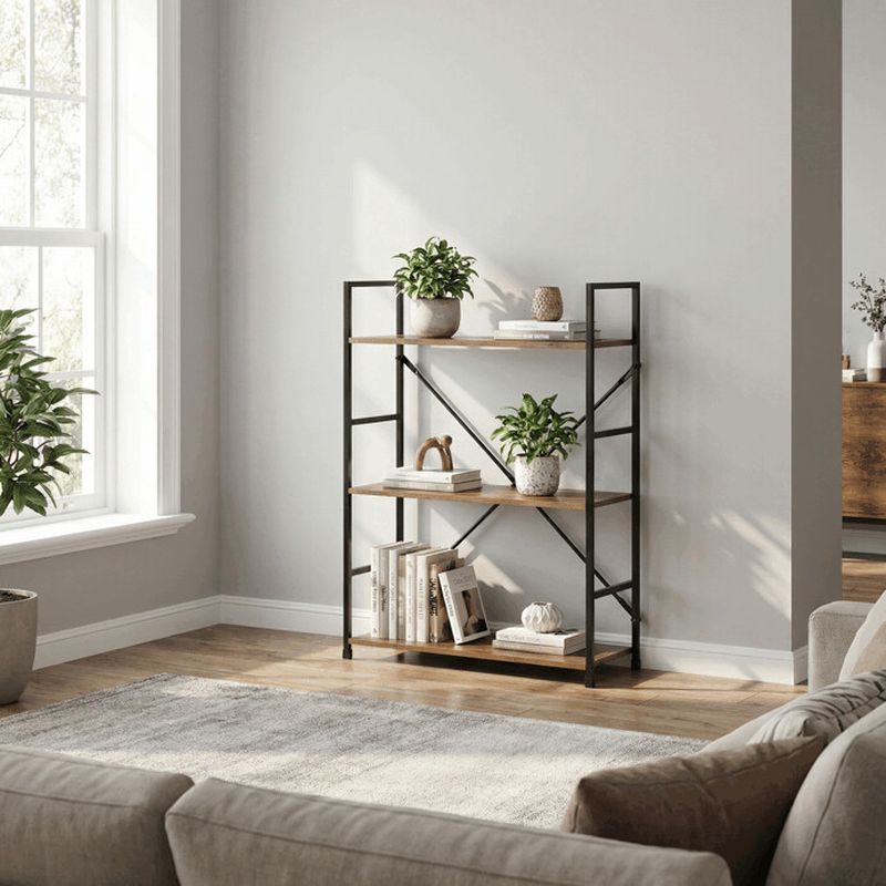 Regál, 3 police, dekor hnedý, čierny lak s výstuhou v tvare X