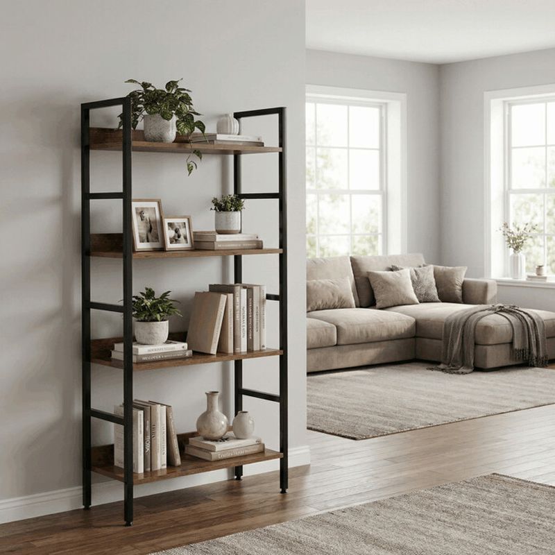 Regál, 4 police, dekor hnedý, čierny lak s výstuhou v tvare X