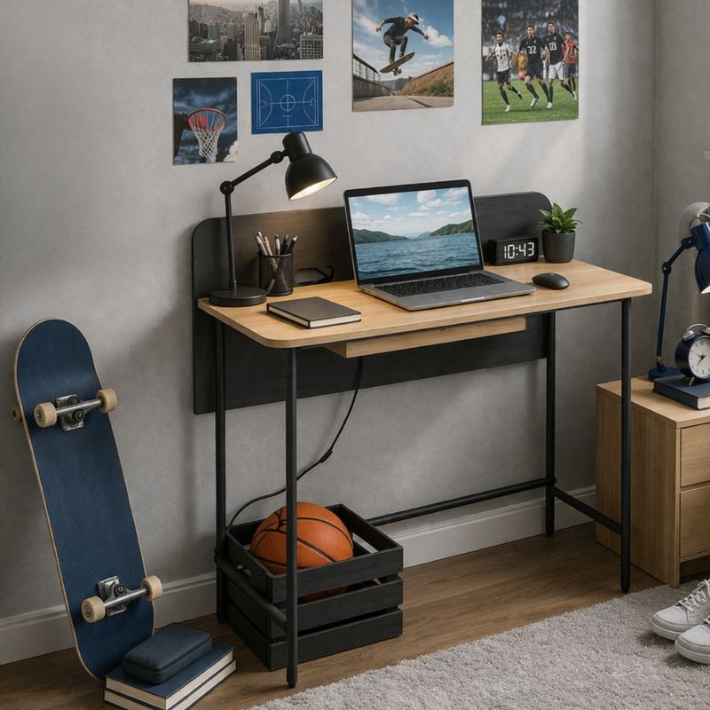 PC stôl v industriálnom štýle, dub, čierny