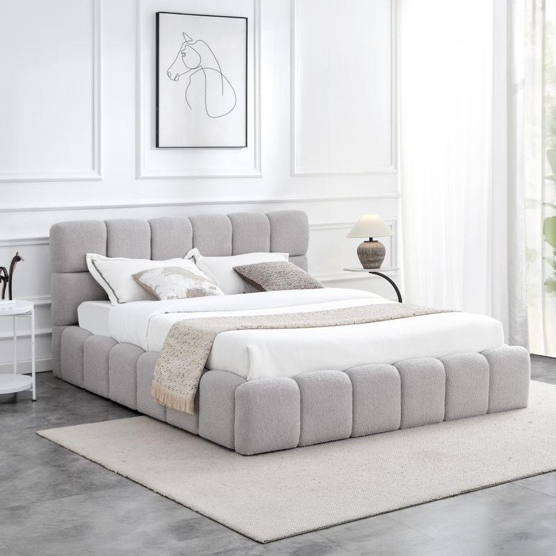 Manželská posteľ 160 s úložným priestorom, roštom a čalúneným čelom, sivá Bouclé látka